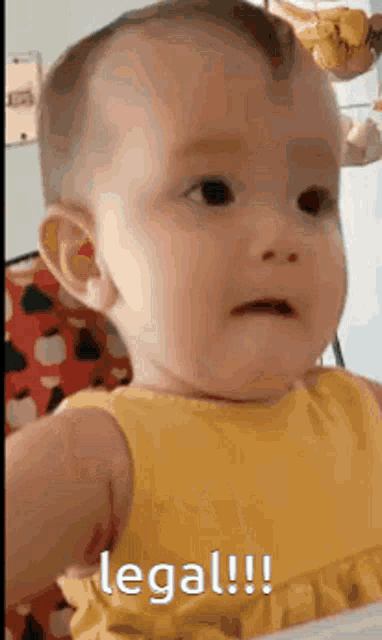 a baby in a yellow dress is sitting in a high chair and saying legal .
