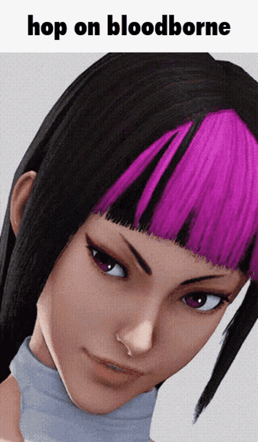 a picture of a girl with purple hair and the words hop on bloodborne below her