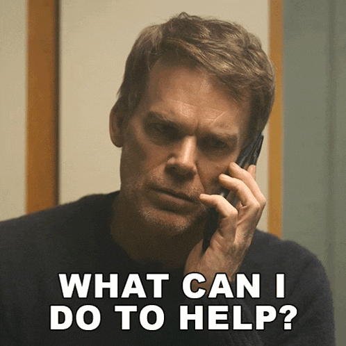 a man talking on a cell phone with the words " what can i do to help "