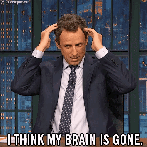 a man in a suit and tie is scratching his head while saying " i think my brain is gone "