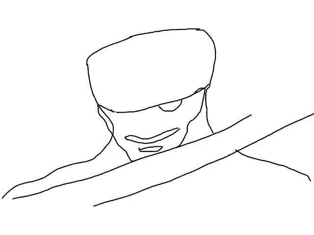 a black and white drawing of a man with a sword .