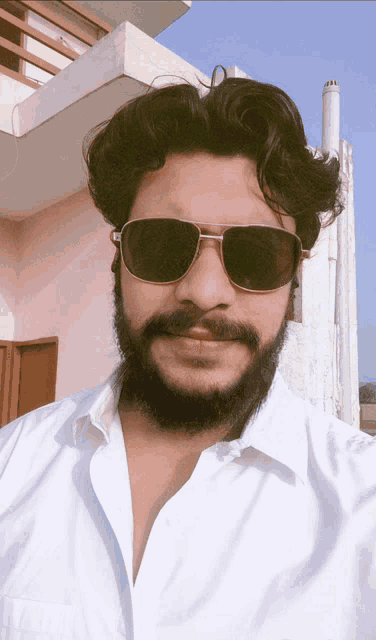 a man with a beard wearing sunglasses takes a selfie