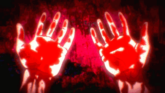 a pair of bloody hands against a dark pink background
