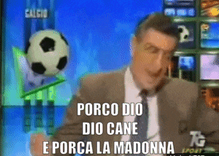porco dio dio cane e porca la madonna is displayed on a television screen