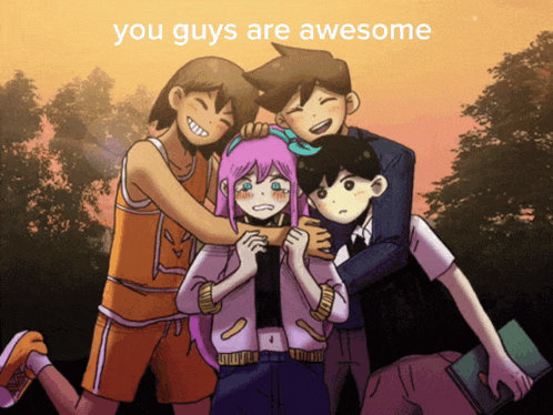a group of cartoon characters are posing for a picture and the caption says you guys are awesome