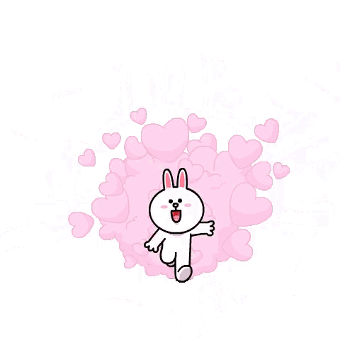 a rabbit is surrounded by pink hearts and red lips .