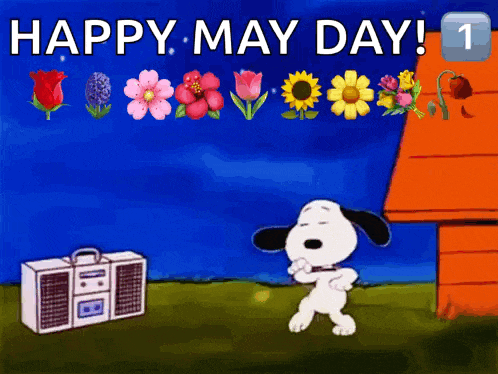 a cartoon of snoopy dancing in front of a boombox with the words happy may day