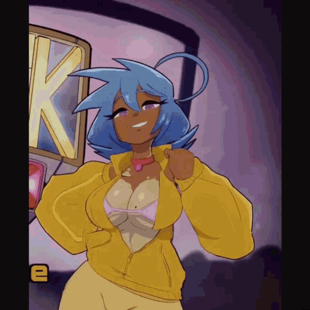 a cartoon of a girl with blue hair and a yellow jacket