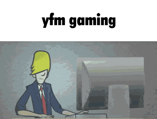 a cartoon of a man sitting in front of a computer screen with the words yfm gaming above him