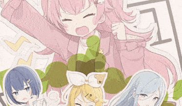 a group of anime girls are standing next to each other and one has a flower on her head