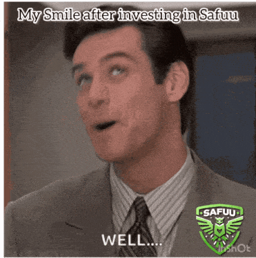 a man in a suit and tie is smiling with the caption " my smile after investing in safuu "