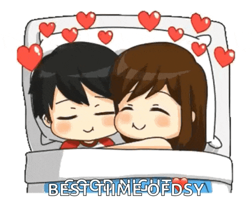 a boy and a girl are laying in bed with hearts around them and the words `` best time of fdsy '' .