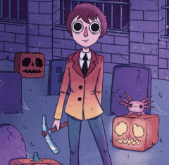 a cartoon of a man holding a pickaxe standing next to a pumpkin and an axolotl