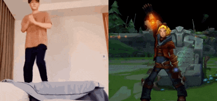 a man in a brown shirt is standing next to a video game character