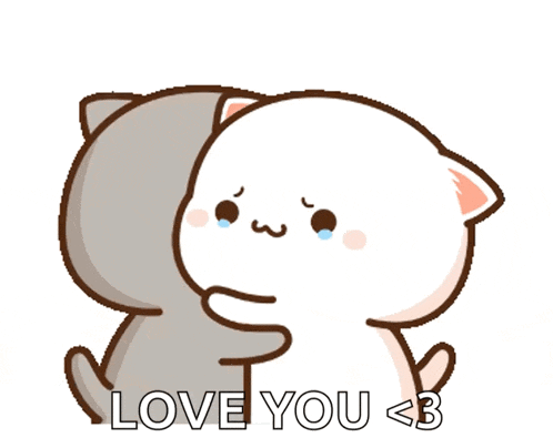 a cartoon cat is hugging another cat with the words love you < 3 below it