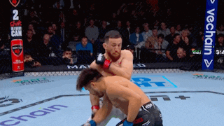 two men are fighting in a boxing ring with a banner that says chain on it