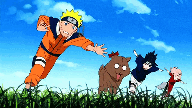 a group of cartoon characters are running in the grass