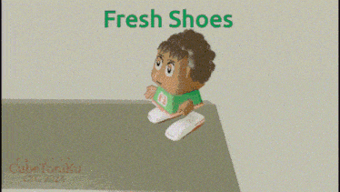 a cartoon character is sitting on the floor and the words fresh shoes are above him
