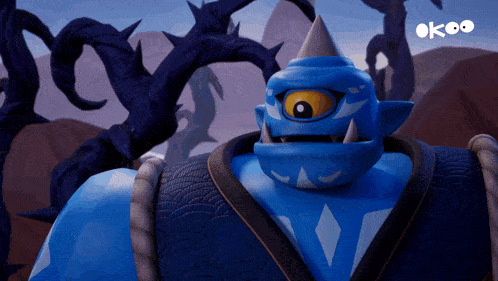 a blue monster with a cone on its head and the word okoo behind it