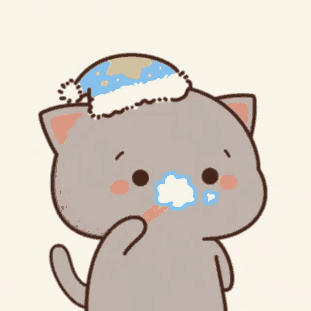a cartoon cat is brushing its teeth with a toothbrush while wearing a hat .