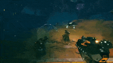 a person is holding a gun in a video game with a purple and yellow background .