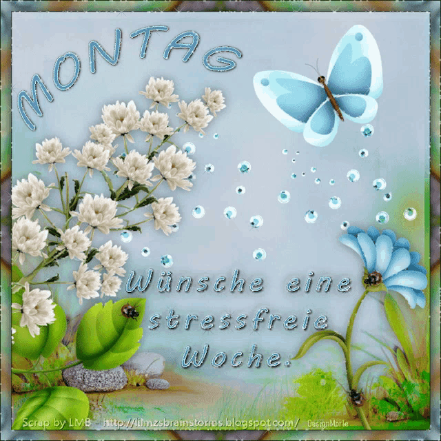 a monday greeting card with a blue butterfly and white flowers