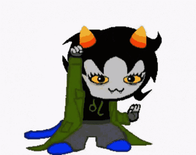 a cartoon character with horns and a green jacket is sitting on a white background .