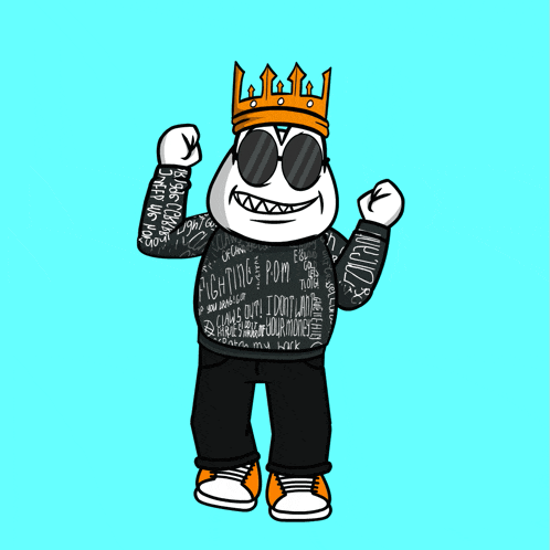 a cartoon character wearing a crown and sunglasses has the word fighting on his shirt