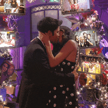 a man and woman kissing in front of a collage of photos