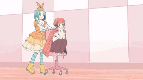 two anime girls are standing next to each other with one sitting in a chair