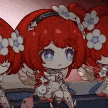 a girl with red hair and white flowers in her hair