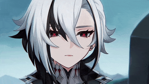 a close up of a anime character with black and white hair