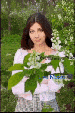 a picture of a woman holding flowers with the words live music written below her