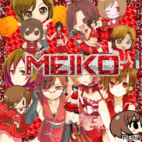 a collage of anime characters with the word meiko in the middle