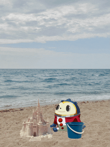 a cartoon character is standing on a beach with a bucket and a sand castle