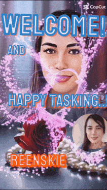 a picture of a woman says welcome and happy tasking