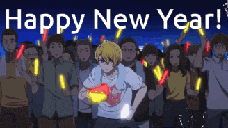 a group of people holding glow in the dark sticks and the words happy new year
