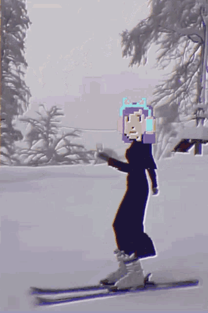 a pixel art of a person skiing down a slope