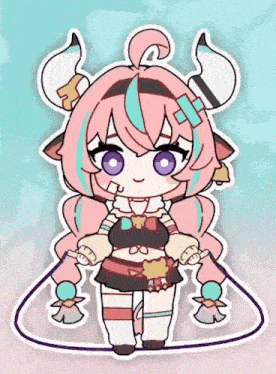 a cartoon drawing of a girl with horns and pink hair