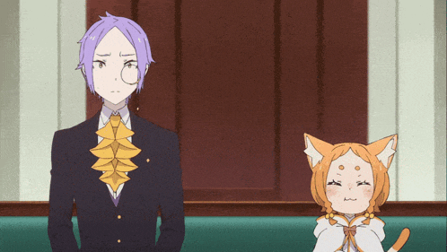 a man in a suit and tie stands next to a cat with ears