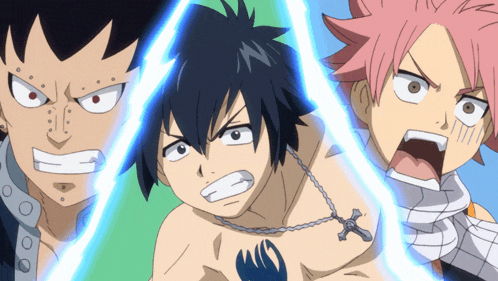 a group of anime characters are standing next to each other and one of them has a cross necklace around his neck