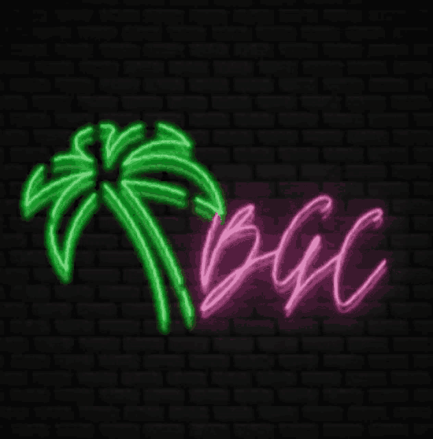 a neon sign with a palm tree and the word bac on a black brick wall .