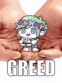 a person is holding a cartoon character in their hands and the word greed is on the bottom right