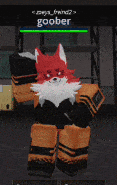a red and white fox is standing in front of a screen that says goober