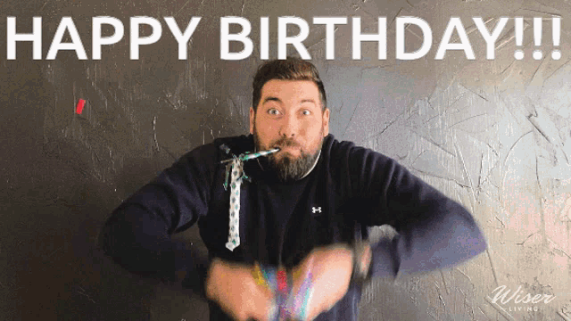a man blowing a party horn with the words happy birthday written on the bottom