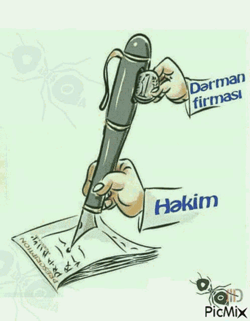 a cartoon drawing of a person holding a fountain pen with the word hakim on the sleeve