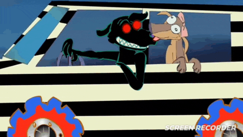 a cartoon of a dog and a monster in a car with the words screen recorder on the bottom