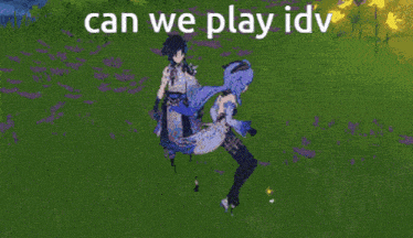 a man and a woman are standing in a field with the words can we play idv above them