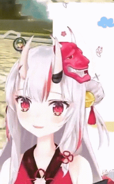 a girl with white hair and red eyes has a red mask on her head .