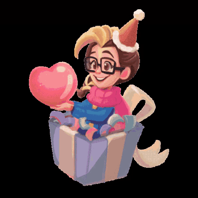a girl in a party hat is holding a heart in her hand